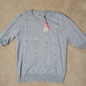 Oasis Women's Blue Embroidered Flower Top, NWT, Size Medium